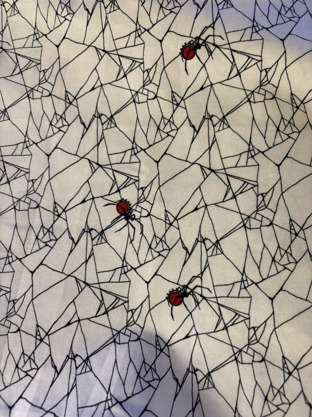 Desireesdesign  White Fabric with Black Geometric Web and Red Spider Motifs